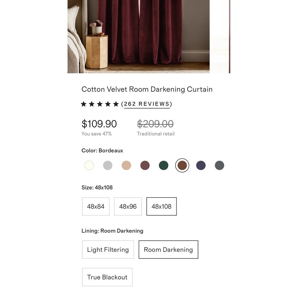 NWOT Quince 48" X 108" Cotton Velvet Curtain Panel Bordeaux Cotton Lined - Picture 4 of 5